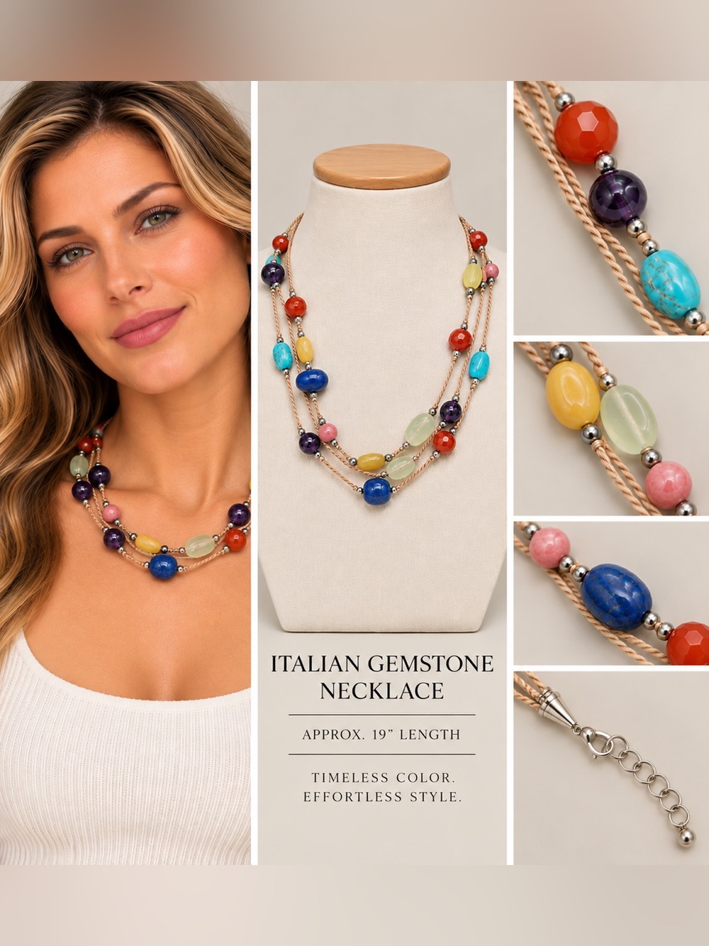 Vibrant Multi-Color Gemstone Necklace - Italian Design